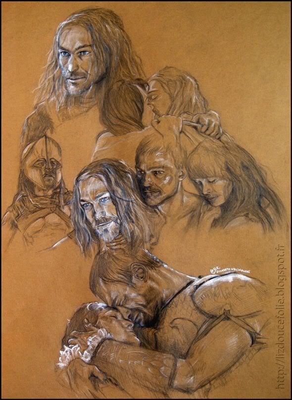 Spartacus Andy Whitfield Erin Cummings Blood and Sand crayon craie blanche papier couleur portrait passion amour love lovers