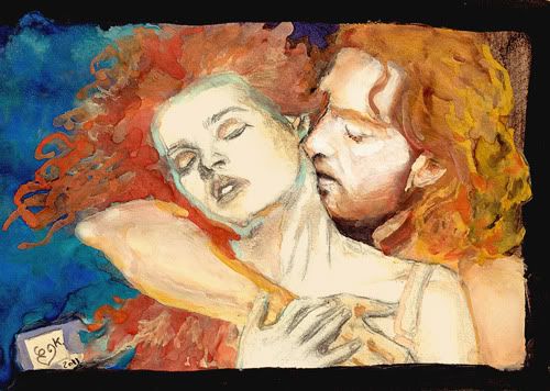 Elizabeth & Victor Frankenstein Helena Bonham Carter & Kenneth Branagh 1994 Frankenstein ou le Prométhée moderne Mary Shelley aquarelle dessin rapide miniature