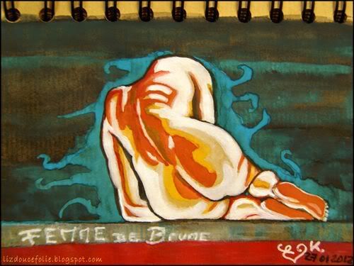nu feminin peinture eau acrylique rondeurs feminite sensualite nude woman painting mini format carnet croquis nudite femme de brume