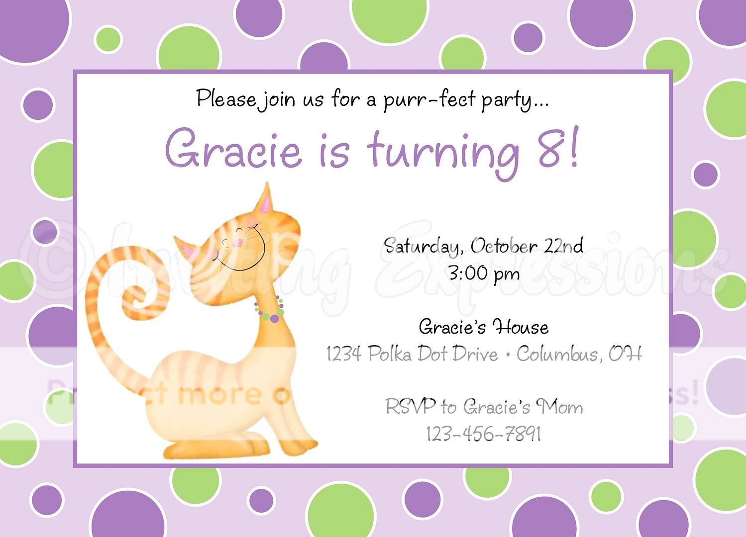 Kitty Cat and Polka Dots Birthday Invitations   Purple  